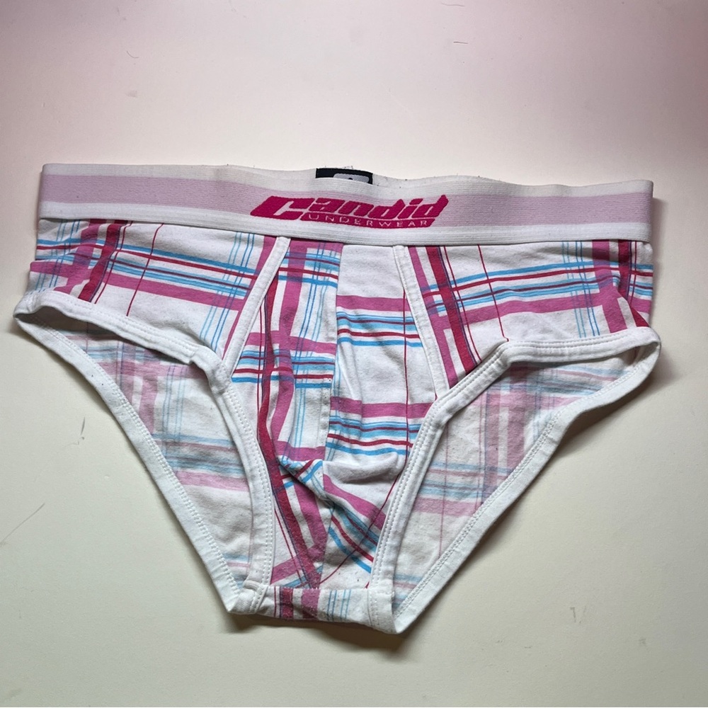 Men's White and Pink Plaid Briefs